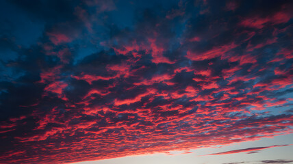 Crimson Sky: A breathtaking sunset panorama showcasing vibrant red and dark blue clouds.