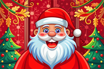 vector of Santa Claus happily looks out from the red wallpaper.