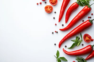 Red chilies, tomatoes, and herbs on white background