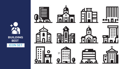Fototapeta premium Building icon collection set. Containing design architecture, city, building, modern, urban,Factory building silhouette vector illustration, factory icon,