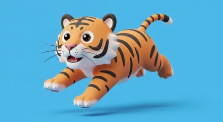 Adorable cartoon tiger in mid-leap against vibrant blue backdrop creating cheerfulness