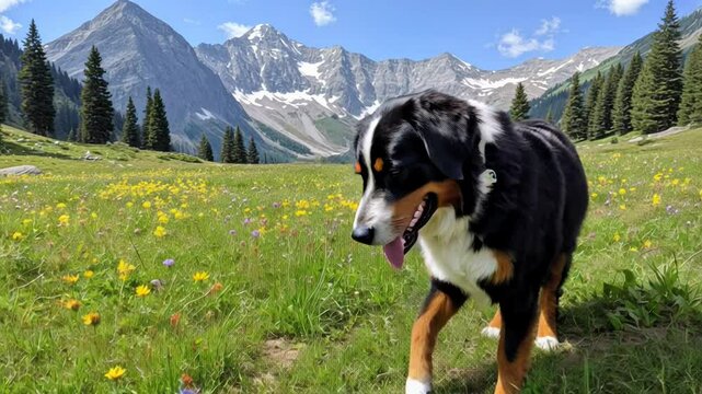 Bernese Mountain Dog enjoys sunny day in alpine meadow with stunning mountain backdrop