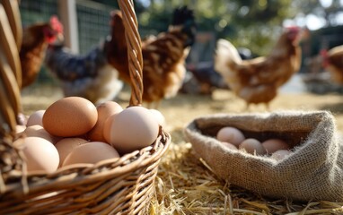 Collecting Fresh Farm Eggs with Free-range Chickens and Rustic Basket
