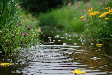 Rainy Day Garden Stream with Purple and Yellow Flowers