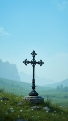 Obraz premium A serene Christian cross resting on a hillside with mountains in the background.