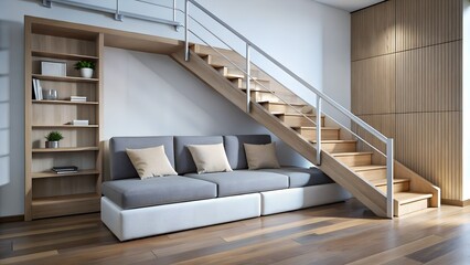Fototapeta premium Luxury home features a contemporary living room interior with a comfortable sofa, modern fireplace, and stylish decor