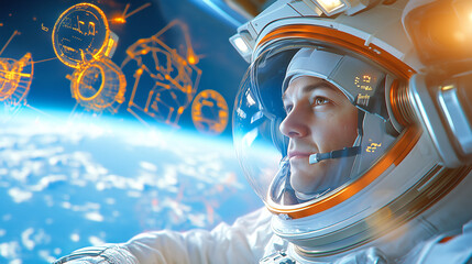 An astronaut in a spacesuit gazes intently at Earth from a spacecraft, surrounded by futuristic holographic displays that provide data and information