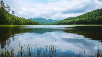 Obraz premium Serene lake reflects sky surrounded by green trees and distant mountains.