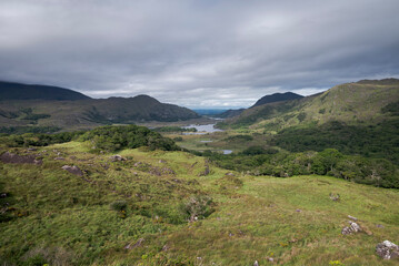 Naklejka premium A scenic view of Derrycunnihy Wood in Ireland, showcasing lush greenery, rolling hills, and a serene body of water under a cloudy sky