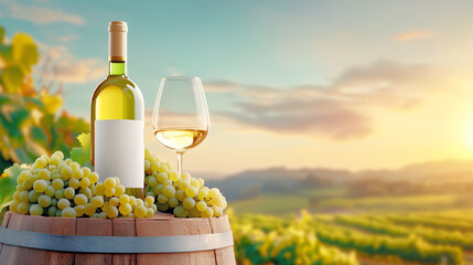 Fototapeta premium A bottle of white wine rests on a wooden barrel surrounded by fresh grapes, with a glass filled nearby. The lush vineyard stretches out in the background under a tranquil sunset sky