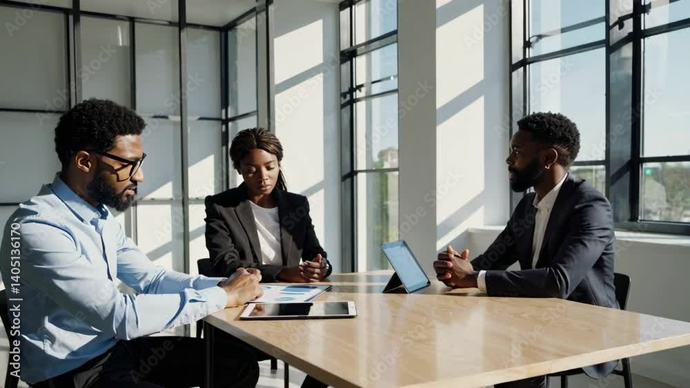 Poster Business team analyzing marketing data and having a discussion about strategy while sitting at a table in a modern office with large windows