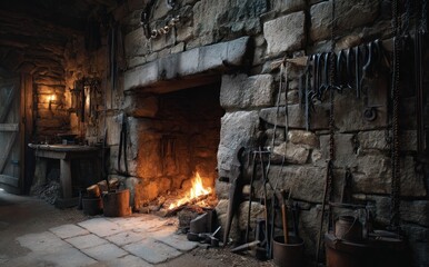 Blacksmithing Workshop with Fireplace Tools and Ancient Stone Wall Interior