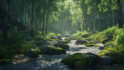 Obraz premium A tranquil stream flows through a lush green forest setting
