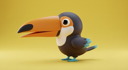Naklejka premium Playful Toucan Character Isolated on Yellow Backdrop, Perfect for Children's Illustration