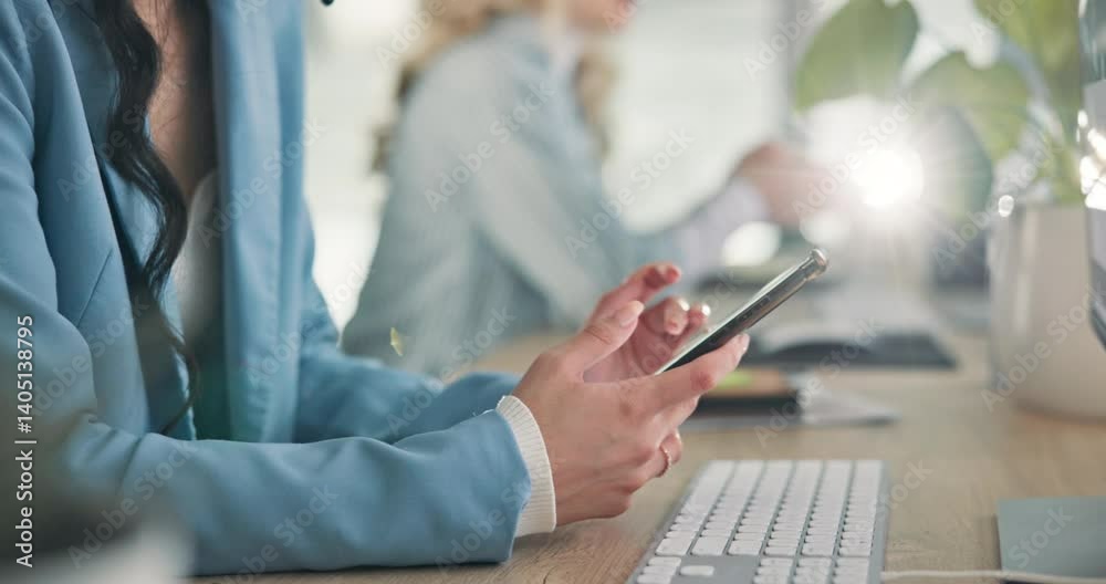 Leinwandbilder texting, hands and employee with smartphone, office and networking with contact, online and social m