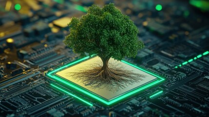a tree with roots on a digital chip platform, with green glowing lines around i