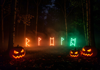 Fototapeta premium Glowing Runes and Carved Pumpkins in a Spooky Autumn Forest at Night