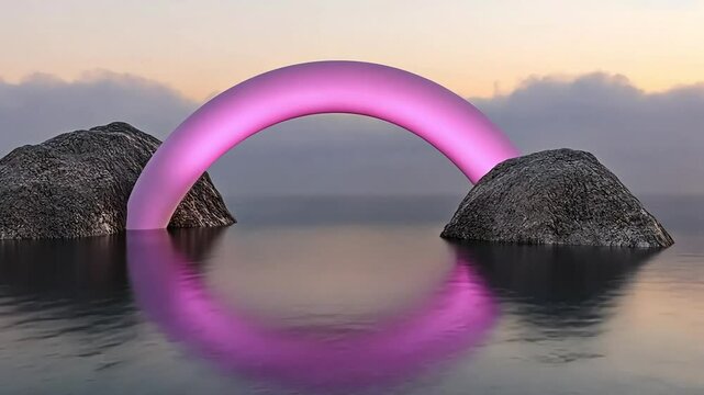 Pink arch bridge, serene lake, misty dawn, digital art, website banner