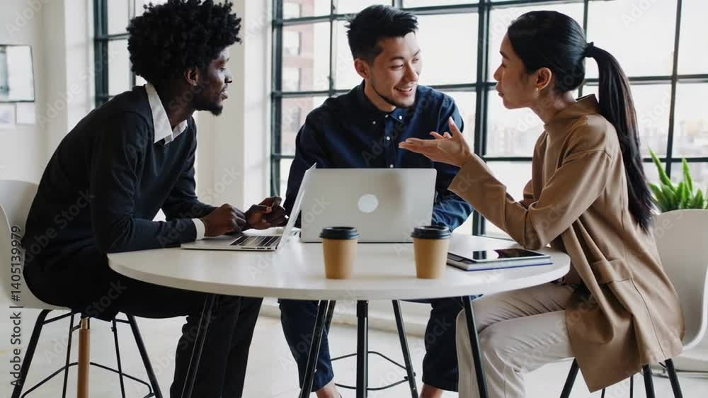 Aufkleber Diverse colleagues are discussing a project in a modern office, collaborating on laptops and sharing ideas, fostering teamwork and innovation in their startup environment