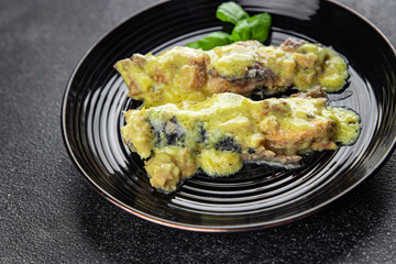 Mackerel mustard sauce canned food fish fillet seafood natural food dish organic product fresh tasty gourmet food background on the table rustic food top view copy space keto paleo pescetarian diet