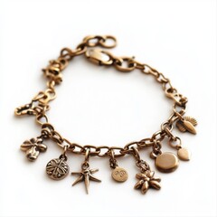 a delicate gold charm bracelet displayed on a white background
