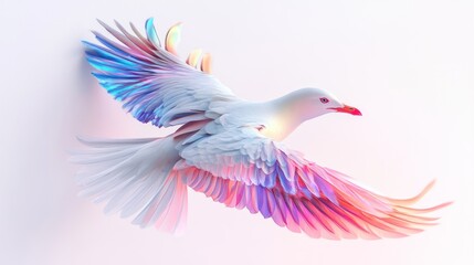 Fototapeta premium a flying seagull with abstract, colorful feathers, isolated on a white background.