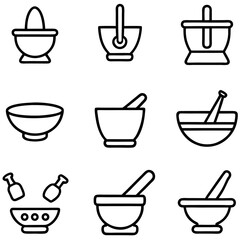 Simple Line Art Illustration of Mortar and Pestle Sets