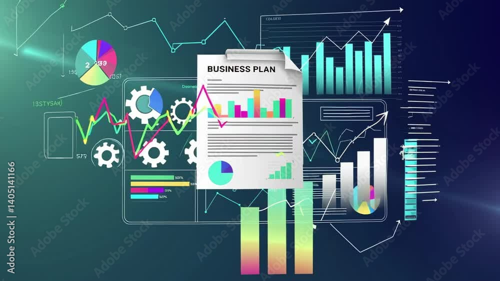 Poster Colorful growing charts, statistics, and data analysis elements dynamically visualizing successful business strategies floating against dark gradient background