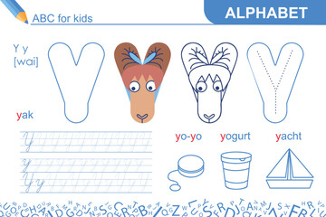 Letter Y. Alphabet. Fun ABC for kids. Learning English. Yak Writing practice and coloring task page. Worksheet for school or home. Sketch vector illustration
