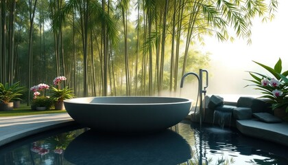 Stone Bathtub In A Bamboo Grove At Dawn