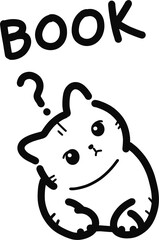 고양이, 낙서, 귀여운, 질문, 책, 교육, 혼란스러운, 흑백, 만화, 캐릭터, 학생, 학습