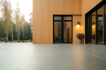 Fototapeta premium Modern architecture showcases warm wooden facade and sleek tile surroundings in serene environment