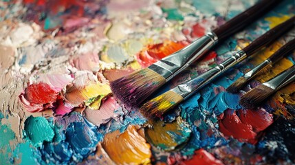 Obraz premium Colorful paintbrushes rest on a textured artist's palette.