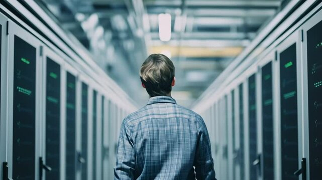 Back View of Data Engineer walking in Modern Data Center Corridor