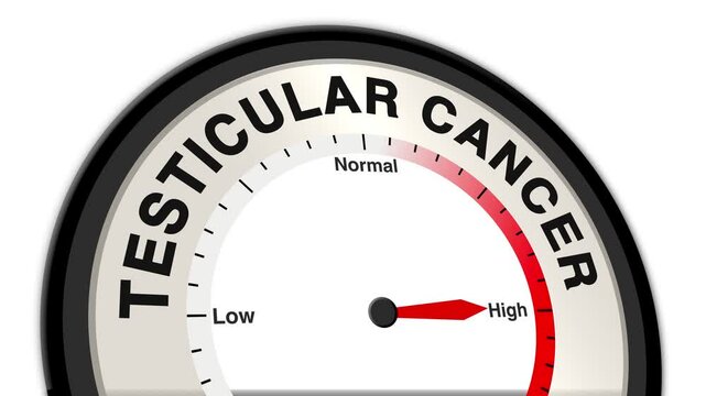 Testicular Cancer text or word shown with a barometer or tachometer-style gauge, representing varying levels of cancer severity and its impact on testicular tissue and overall health