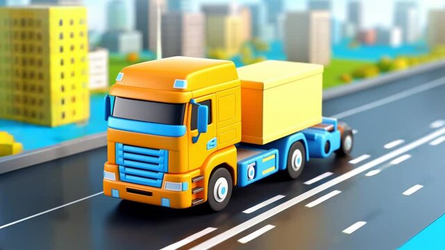 loopable video of delivery logistics or movers service truck van driving on city highway to deliver cargo order as wide mockup banner in cartoon children education school illustration 3d style