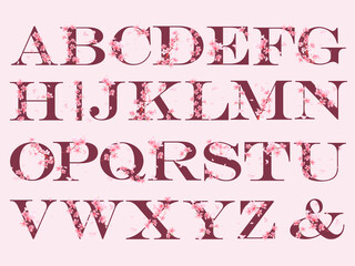 Cherry blossom flower alphabet with pink petals and sakura flowers for printing, cards, posters © DafnaWii