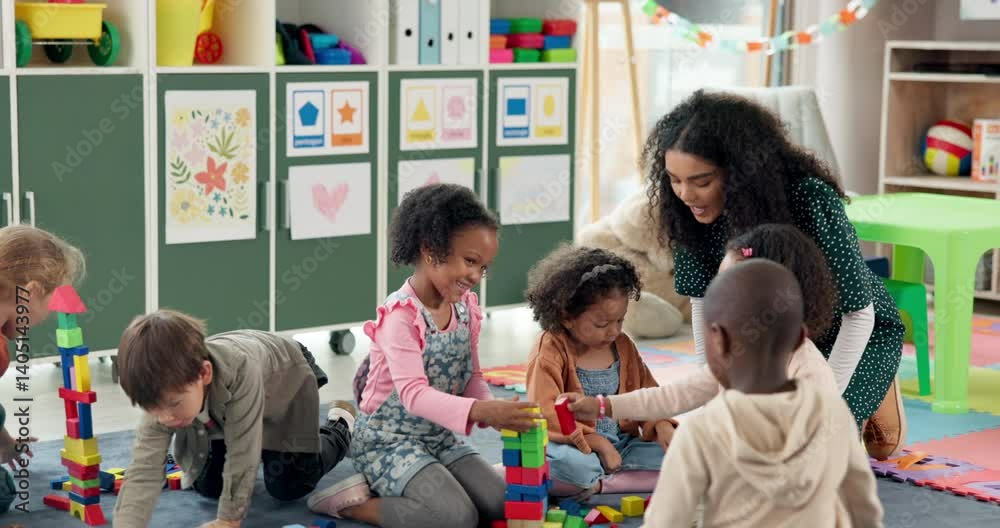 Poster Teacher, children and play with blocks in class for learning, problem solving and creative activity. Woman, kids and building toys for education game, puzzle solution and motor growth in kindergarden