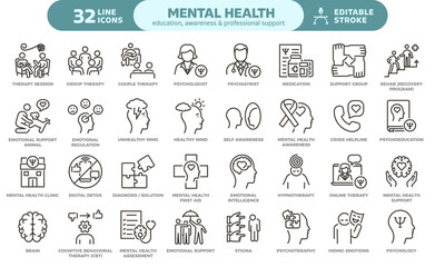 Mental health education, awareness & professional context and support icon set. Thin line editable stroke icons for psychotherapy, psychology, support, workshops, diagnosis and crisis care