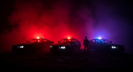 Dramatic law enforcement scene with silhouetted police cars and emergency lights