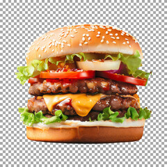 A very tall hamburger, Gourmet Cheeseburger with Fresh Lettuce, Tomato, and Onion on transparent background, png, psd
