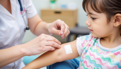 Kid with injury treated by nurse with bandage. A healthcare professional applies a bandage to a young girl's arm in a clinical setting, ensuring her comfort during treatment.