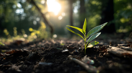 Young Plant Growing in Forest Soil with Morning Sunlight – A Symbol of Sustainable Agriculture and Technological Growth generate by AI