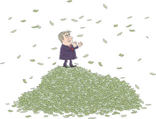 Happy businessman enjoying superprofit on a huge pile of money falling from the sky, vector cartoon illustration on a white background