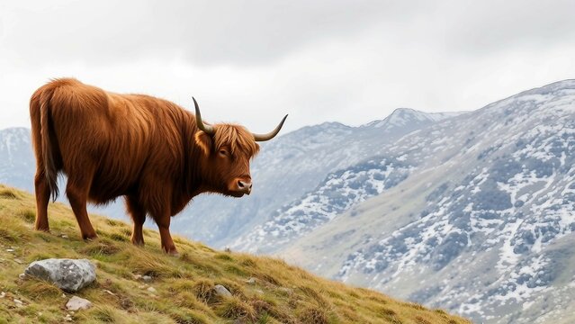 Hochlandrind in Berglandschaft. Braune, zottelige Kuh mit H&ouml;rnern auf einer gr&uuml;nen Anh&ouml;he vor schneebedeckten Bergen.
