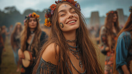 Summer Soltice Festival, Smiling Woman Celebrating Solstice at Stonehenge Festival, Ai Generated Images.
