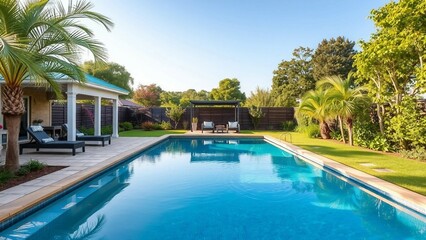 Obraz premium Langer, blauer Pool im grünen Garten mit Palmen. Entspannende Sommeratmosphäre im Freien