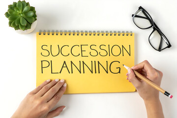 Handwriting on a notebook about succession planning with a plant and glasses on a bright yellow background