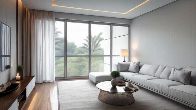 Showcase interior living room with tv set and large windows, luxury condo design