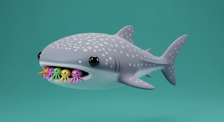 Whimsical whale shark with colorful tiny octopuses inside mouth, adorable marine life